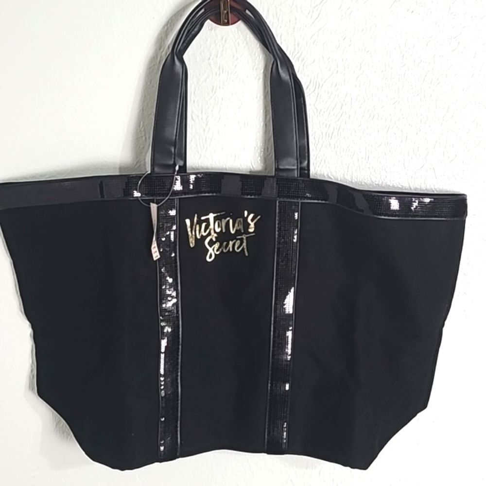 Victoria's Secret Black Tote, Metallic Trim, Logo in Shiny Gold on Front, NWT - Picture 2 of 10
